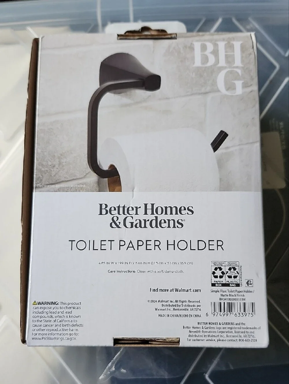 Better Homes And Gardens Matte Black Toilet Paper Holder with Sleek Curved Arm